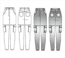 Technical flat sketch of Wide pants. Waistband cargo sweatpants with side pockets. Front and back apparel vector