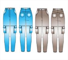 Technical flat sketch of Wide pants. Waistband cargo sweatpants with side pockets. Front and back apparel vector