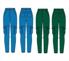 Technical flat sketch of Wide pants. Waistband cargo sweatpants with side pockets. Front and back apparel vector