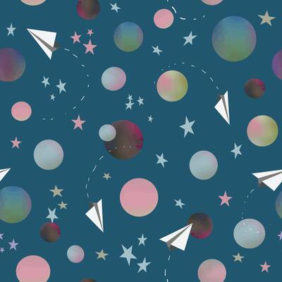 , seamless, non directional pattern of pastel gradient planets, blue, pastel pink, pastel green, beige stars and white paper planes on deep blue neutral background. Perfect for boys digital