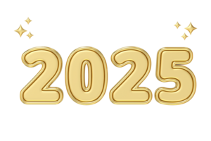 Golden 2025 text with sparkling stars, symbolizing bright and prosperous new year, ideal for New Year celebration themes and festive designs, 3d rendering png