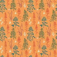 , seamless, ditsy, earthy colors, autumnal foliage pattern on a warm peach color backdrop, featuring silhouettes of yarrow, sage, sedges, fern and other wild herbs. Perfect for digital projects vector