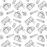 Compass, spyglass, map, carpet bag black and white graphic seamless pattern. Repeating background for boys adventure print. Monochrome vintage travel print in line art hand drawn. vector