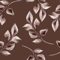Gentle leaves in sepia tones watercolor on seamless pattern isolated on dark. Repeating botanical elements hand drawn. The simple and elegant design in vintage style for textile, package, backdrop. vector