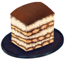 Tiramisu three layers placed on a black plate in pixel art style png