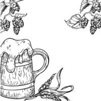 Wooden beer mug and bunch of wheat ears black white border isolated on white. Frame of tankard with foam beer and hops frame hand drawn for design label, banner, menu, packaging, Oktoberfest. vector
