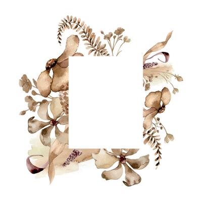 Flowers, fern branch monochrome in watercolor brown color. Frame of maroon abstract plants on watercolor splash isolated. Dry leaves, herbs hand drawn in sienna. Design of printed products, wall art.