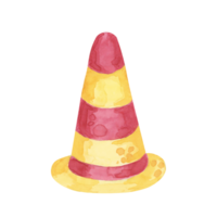 Traffic cone with red and yellow stripes in cartoon style. Watercolor clipart perfect for use in educational resources, construction-themed decorations, traffic or safety materials png