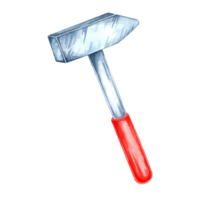 Hammer with a metallic head and a distinctive red handle. Watercolor clipart of the workshop tool. Perfect for construction websites, DIY project graphics, and hardware store branding, flyers png