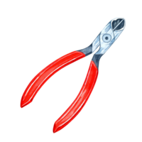 Pair of metal pliers with bright red handles. Watercolor clipart of the workshop tool. Ideal for use in construction-related designs, tool kits, instructional materials, and DIY project presentations png