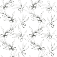 Pencil-drawn olives and branches form a seamless pattern. Hand drawn illustration, suitable for fabric printing, wallpaper, or wrapping paper designs, bringing natural motif to various projects png