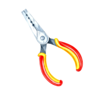 Pair of pliers with red and yellow handles and built-in wire cutter. Watercolor clipart of the workshop tool. Suitable for electronics, DIY projects, hardware store branding, flyers and tool catalogs png