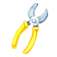 Wire cutter with vibrant yellow handles and a sharp metallic cutting edge. Watercolor clipart of the workshop tool. Ideal for electronics-related designs, tool branding, or instructional materials png