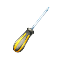 Screwdriver with a black and yellow rubber handle and a metallic tip. Watercolor clipart of the workshop tool, perfect for use in DIY project graphics, tool catalogs, and instructional guides png