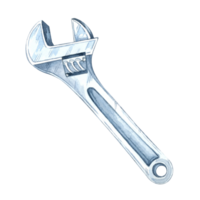 Adjustable wrench with a silver metallic finish and an open-jaw design. Watercolor clipart of the workshop tool, perfect for automotive branding, mechanical engineering design, or instructional guides png