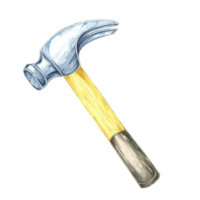 Claw hammer with a metallic head and a wooden handle in a traditional design. Watercolor clipart of the workshop tool. Ideal for woodworking designs, instructional materials, or carpentry branding png