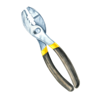 Pair of pliers with black and yellow handles, highlighting the metallic joints and cutting edges. Watercolor clipart of the workshop tool for use in industrial designs, branding, and safety manuals png