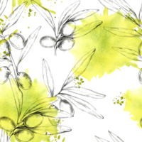 Olive branches with olives, drawn in pencil, set against a greenish stains background. Seamless pattern mixed media illustration for fabric prints, wrapping paper, or digital design elements png