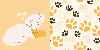 Cat and Dog. Puppy and kitten illustration with paw print drawing. Yellow. vector