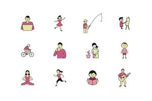 Collection of Outline Art Illustrations Man and Woman in Various Activities on White Background vector
