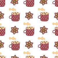 Christmas seamless pattern. Festive background with gingerbread and cups. illustration in flat style vector