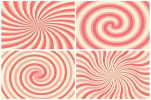 Candy cane or ice cream striped swirl backgrounds set. Twisted sunbeam abstract banner. Holiday texture vector