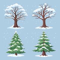 Set of winter trees and firs covered with snow on a blue background. Winter forest plants with snow on the branches. Illustration. vector
