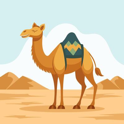 Cute one-humped camel in desert landscape. Flat style illustration.