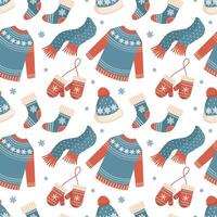 Seamless pattern with knitted winter clothes, Christmas mittens, hats, sweaters and socks. Holiday background vector