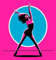 Isolated, dancing woman on neon colors background. vector