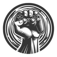 A fist holding a game controller in a circular frame vector