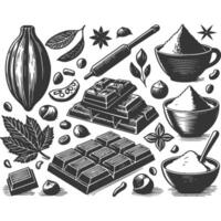 Chocolate and cocoa ingredients set, black and white illustration vector