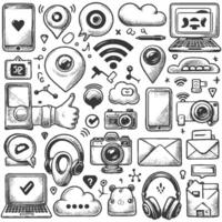 Hand drawn icons of social media and technology vector
