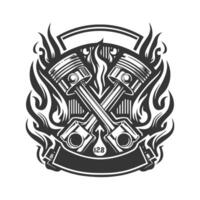 Two crossed pistons with flames and a banner on a white background vector