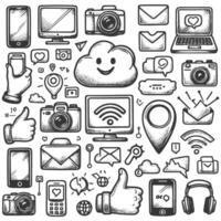 Hand drawn icons of social media and technology vector