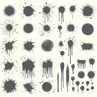 Set of black ink splatter elements, including paint splatters, ink spots and splatters vector
