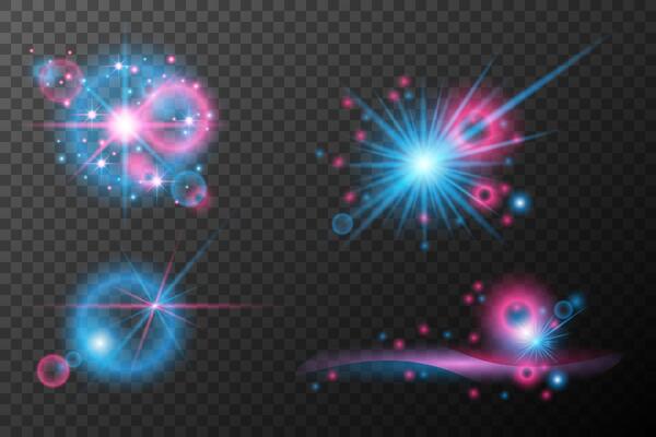 set of glowing blue and pink stars and sparkles on background