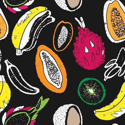 tropical fruits on black background