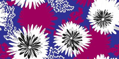 a floral pattern with black and white flowers on a purple background vector