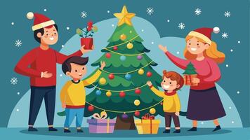 A joyful family celebrating Christmas together by decorating a colorful tree with ornaments and preparing gifts in a cozy winter setting vector