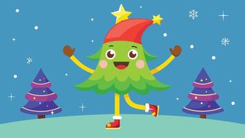 A cheerful animated Christmas tree character dances joyfully in a winter landscape adorned with colorful pine trees under a bright blue sky and falling snowflakes vector