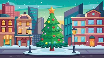A festive Christmas tree adorned with colorful ornaments stands prominently in a snow-covered urban plaza surrounded by charming buildings under a cheerful winter sky vector