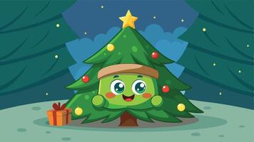 A cheerful cartoon Christmas tree character adorned with colorful ornaments and a star, smiling in a snowy nighttime forest surrounded by pine trees vector