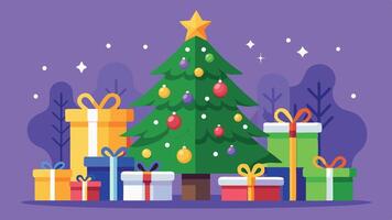 A colorful Christmas tree adorned with ornaments and surrounded by neatly wrapped gifts under a starry sky during a festive holiday celebration vector