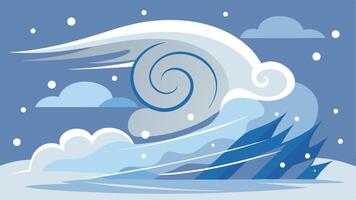 A swirling storm cloud and crashing waves create a dramatic coastal scene during a winter storm along a serene beach vector