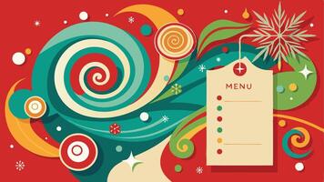 A festive menu design featuring colorful swirls, spirals, and whimsical elements on a vibrant red background, perfect for holiday celebrations or seasonal events vector