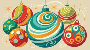Colorful decorative ornaments hang in a festive arrangement, showcasing vibrant swirls and patterns, perfect for celebrating the holiday spirit in a joyful setting vector