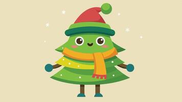 A cheerful cartoon Christmas tree wearing a red hat and yellow scarf stands against a light background, expressing holiday joy and warmth during the festive season vector