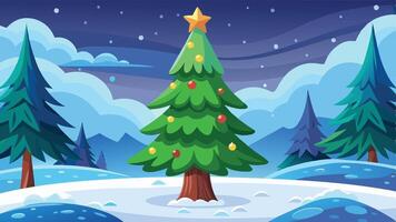 A vibrant Christmas tree adorned with colorful ornaments stands tall in a serene winter landscape, surrounded by snow-covered hills and evergreen trees against a night sky vector
