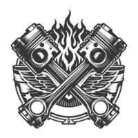 Two crossed pistons with flames in the background vector